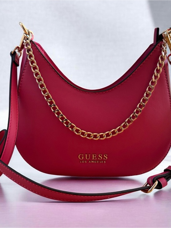 Guess Handbags - GUESS Hot Pink Crescent Shoulder Bag with Gold Chain